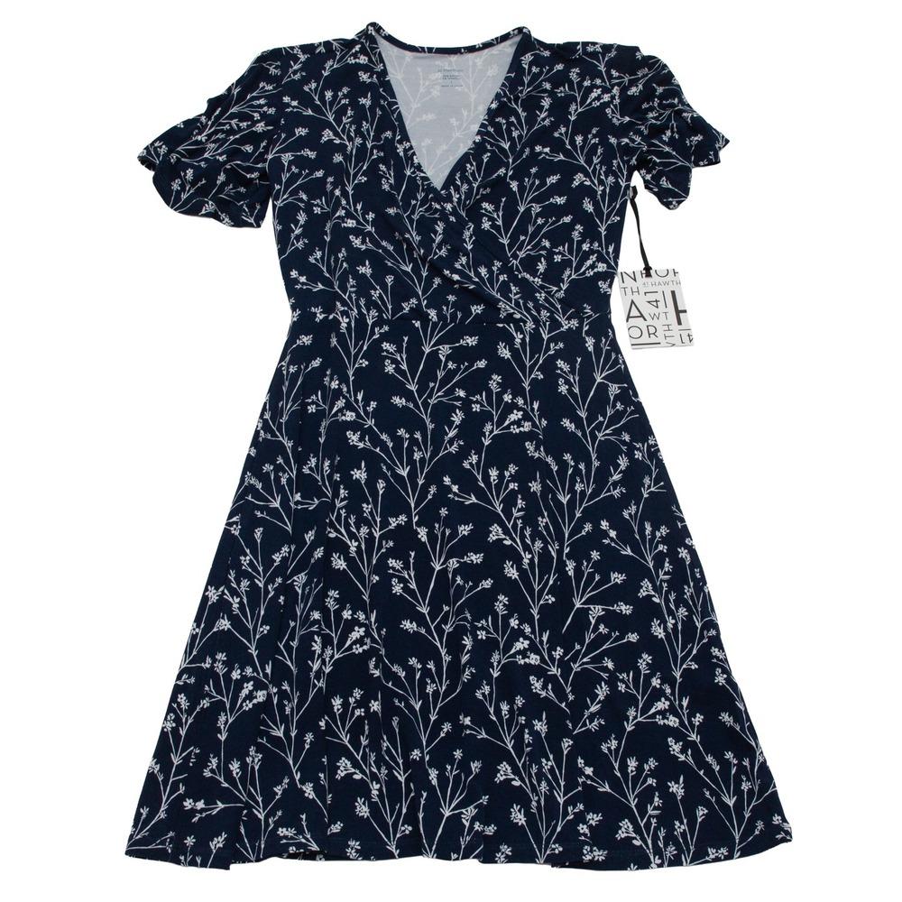41 Hawthorn Dress Women Small Navy Blue NWT Floral Faux Wrap Short Sleeve
